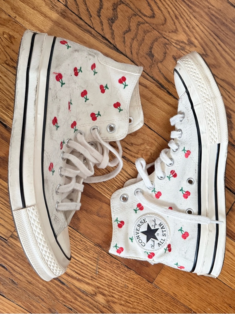 Convers White High-Top Sneakers with Red Cherry Print